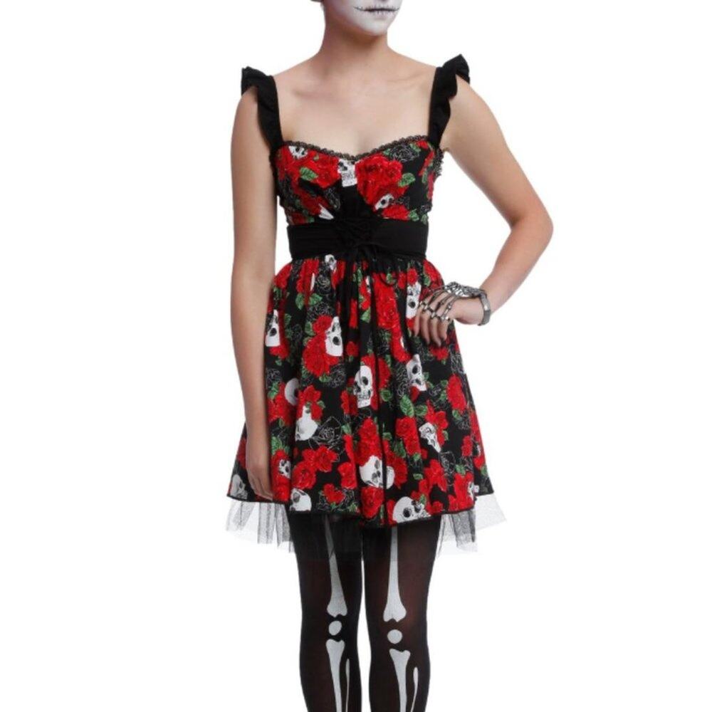 NWT Hot Topic Day of the Dead Skulls Calavera Lace Up Dress Black Red Large